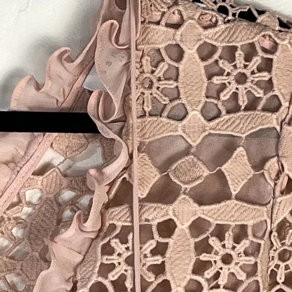 Sandro Paris Manureva Dress Women's Small Pink Floral Laser Cut Crochet Side Zip - Picture 6 of 16